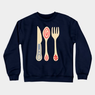 CUTLERY Retro Vintage Kitchen Utensils Knife Spoon Fork in Purple Pink and Red - UnBlink Studio by Jackie Tahara Crewneck Sweatshirt